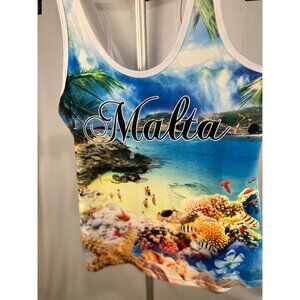 Malta Beach Print Tank Top – Sleeveless Summer Shirt Size Small (Preowned)